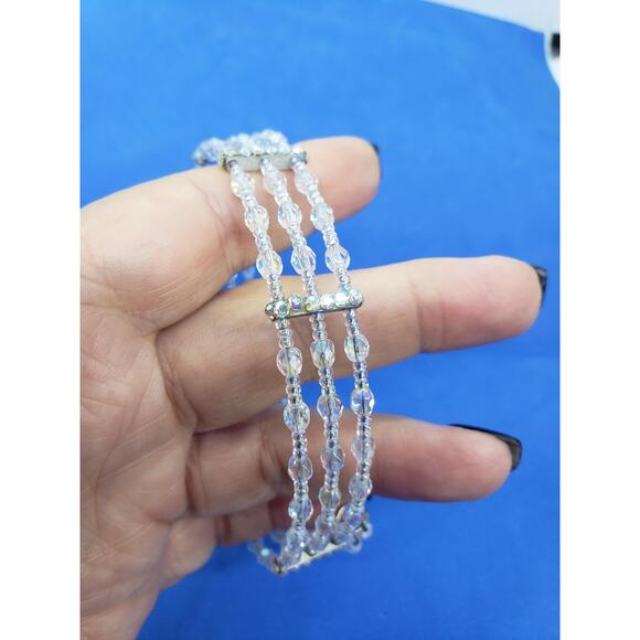 Vintage Aurora Borealis AB Crystal 3 Strand Choker Necklace Rhinestone - Picture 4 of 7